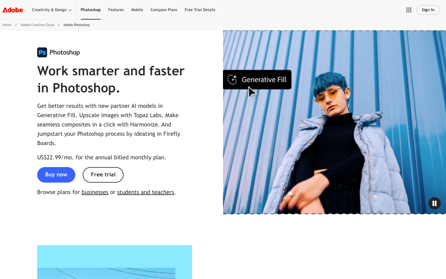 Adobe Creative Cloud above the fold